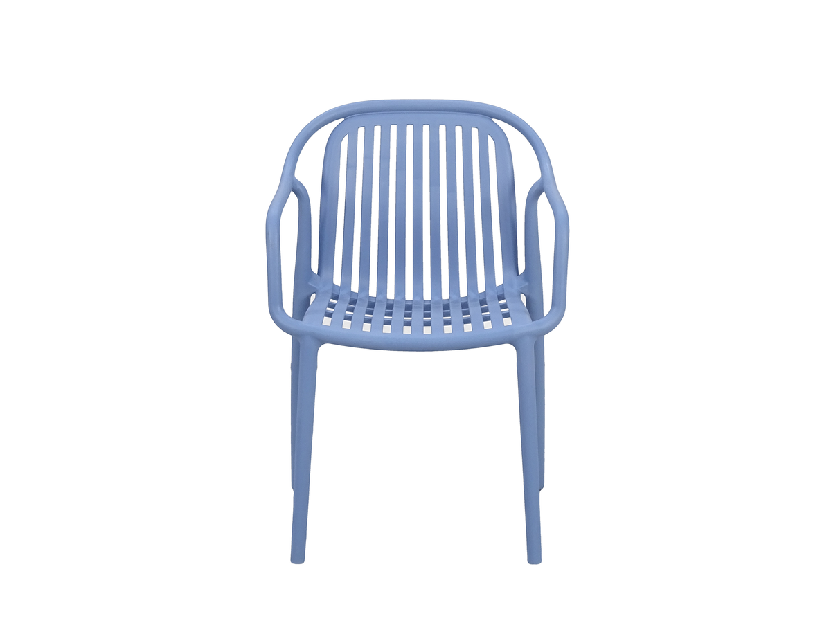 Front view slatted polypropylene armchair in dusty blue with symmetrical vertical slats, GEYA Seating PC-112