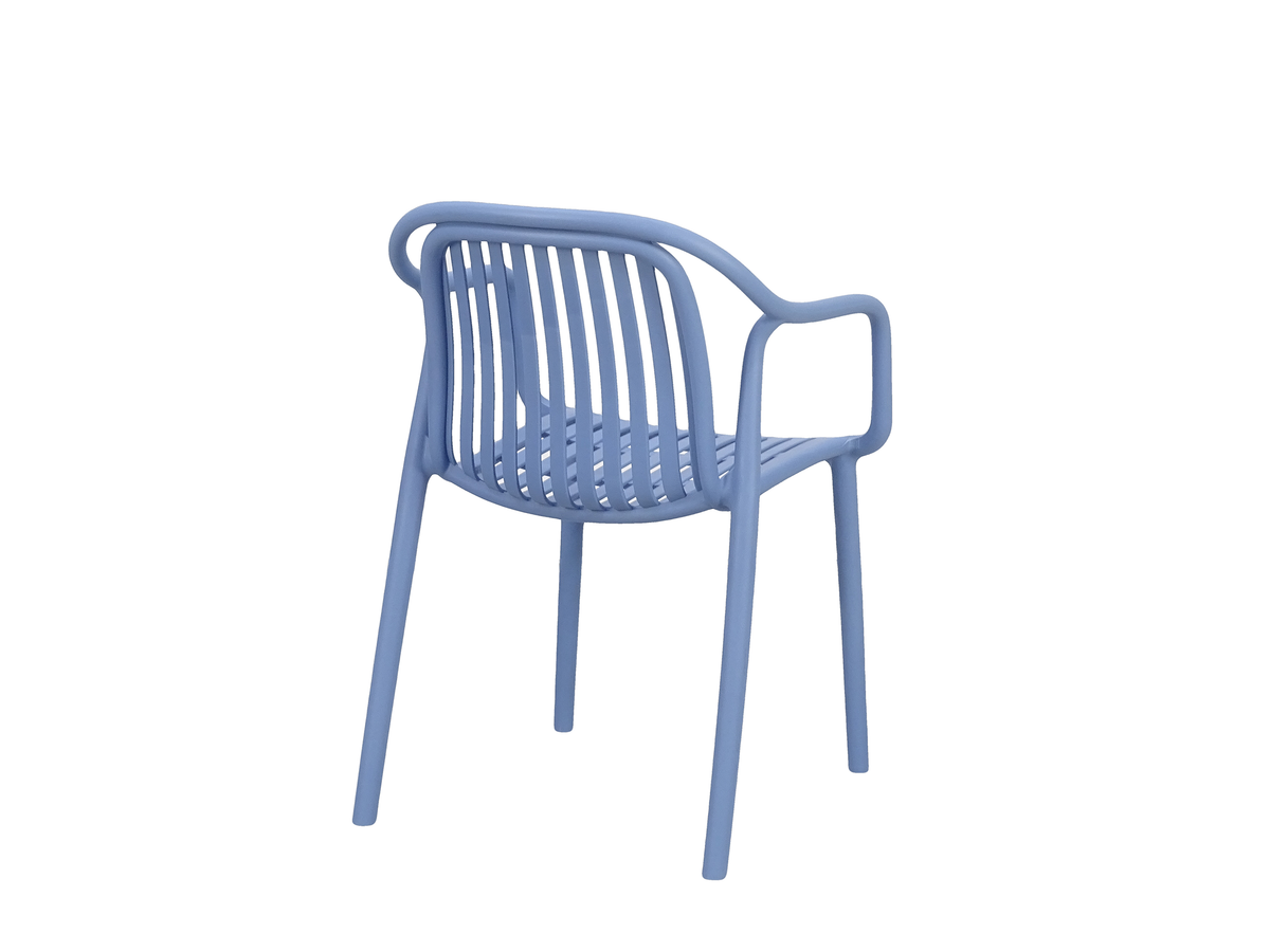 Rear view slatted polypropylene armchair in dusty blue showing continuous back frame and slat structure, PC-112