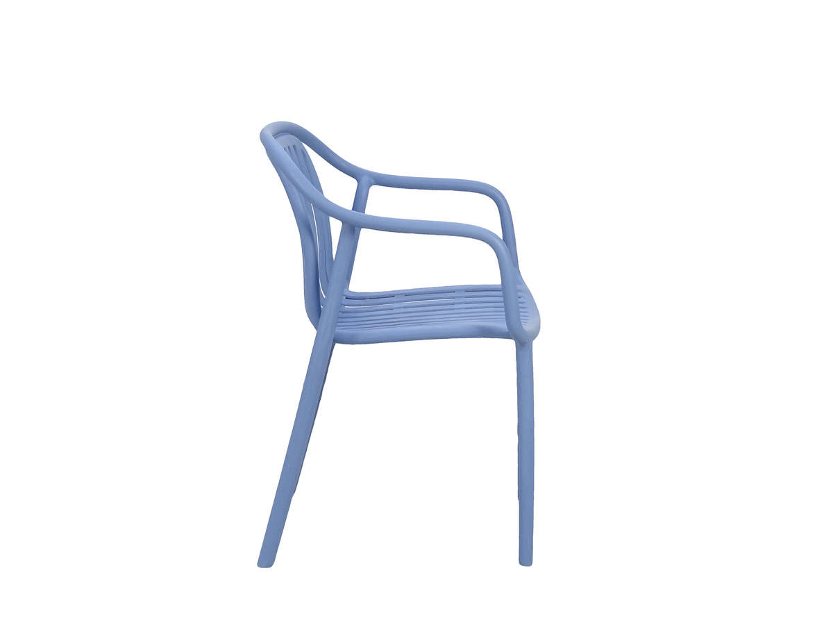 Side view slatted polypropylene armchair in dusty blue showing curved armrest contour and leg angle, PC-112