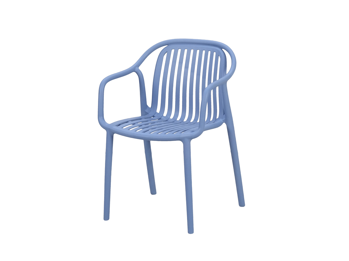 Three-quarter view slatted polypropylene armchair in dusty blue with wraparound arms and slatted seat, PC-112