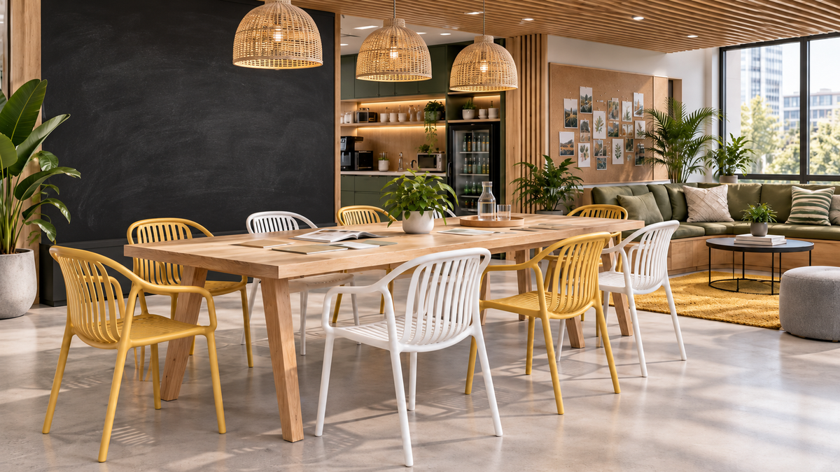 Slatted polypropylene armchairs in yellow and white around a long wooden communal table in a co-working lounge, PC-112
