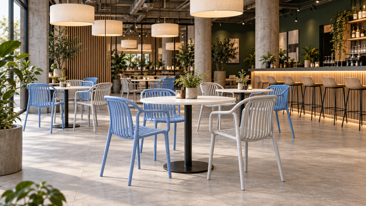 Slatted polypropylene armchairs around round pedestal tables in a bright commercial café dining layout, PC-112