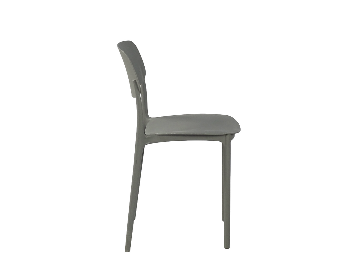 Side profile of grey polypropylene seating highlighting slim leg geometry PC-133