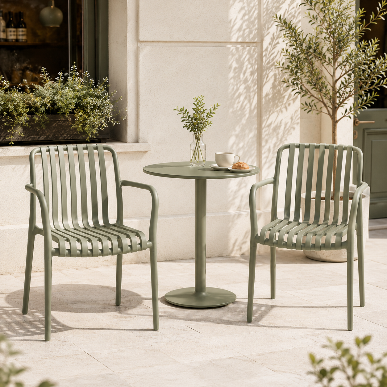Soft sage green slat-back stackable polypropylene armchairs with integrated armrests in an outdoor café patio with a round bistro table and high-contrast natural daylight.