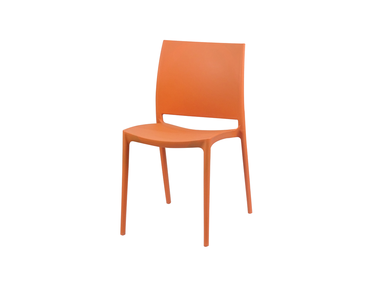 Three-quarter perspective solid-back polypropylene side chair in orange with tapered stacking legs PC-100
