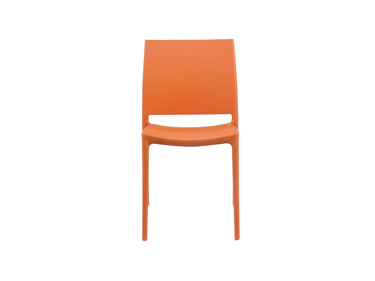 Front view solid-back polypropylene side chair in orange showing symmetric panel, GEYA Seating PC-100
