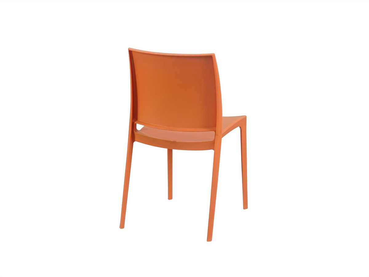 Rear view solid-back polypropylene side chair in orange highlighting lower horizontal cutout slot PC-100