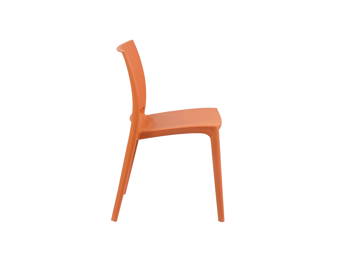 Side profile solid-back polypropylene side chair in orange showing ergonomic recline and waterfall seat PC-100