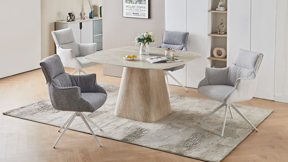 Sintered stone dining table in beige travertine effect with four swivel chairs in a residential dining room T-152