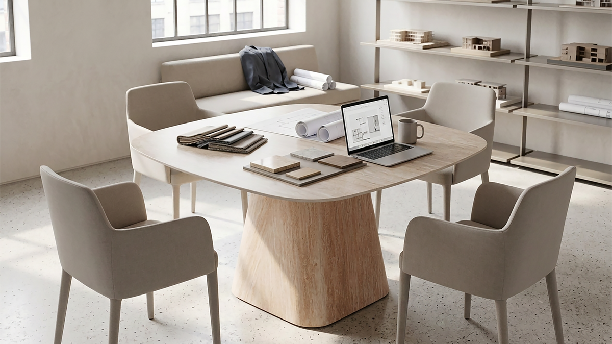 Sintered stone dining table in travertine effect with material samples and four chairs in a design studio T-152