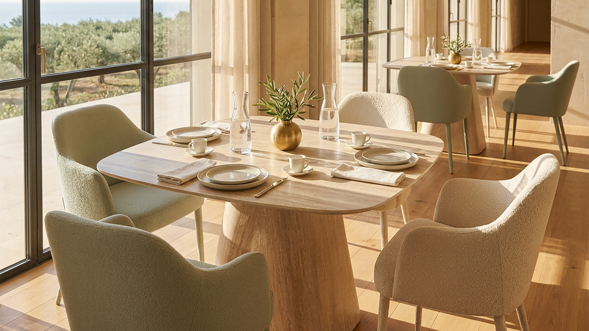 Sintered stone dining table in travertine effect with four upholstered armchairs in hotel dining area T-152