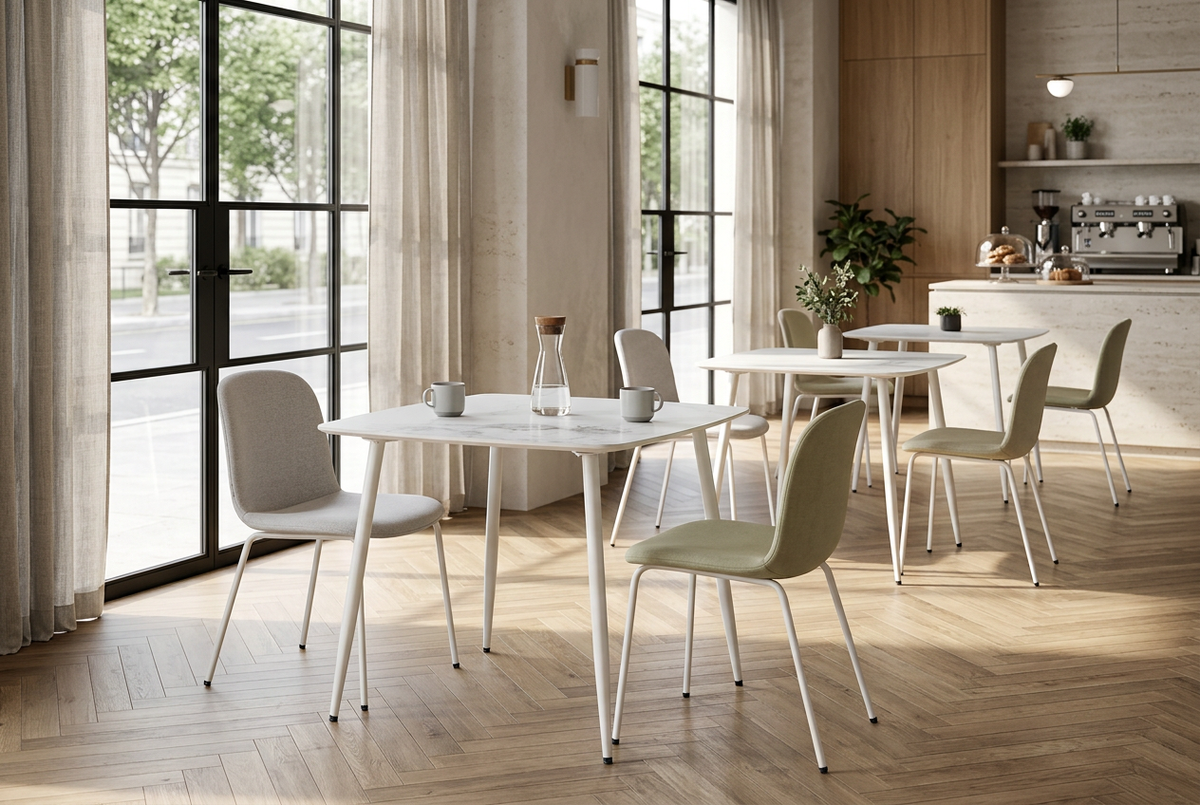 Square white sintered stone dining table arranged with four upholstered chairs near tall windows, T-123

