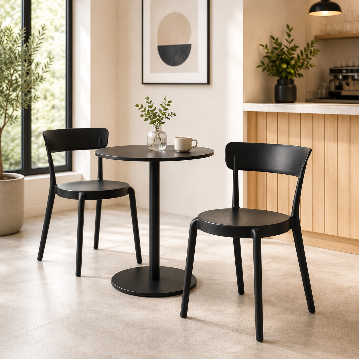 Stackable polypropylene café side chairs in matte black paired with round bistro table in open-plan residential kitchen dining area with timber cabinetry and large windows — PC-72.
