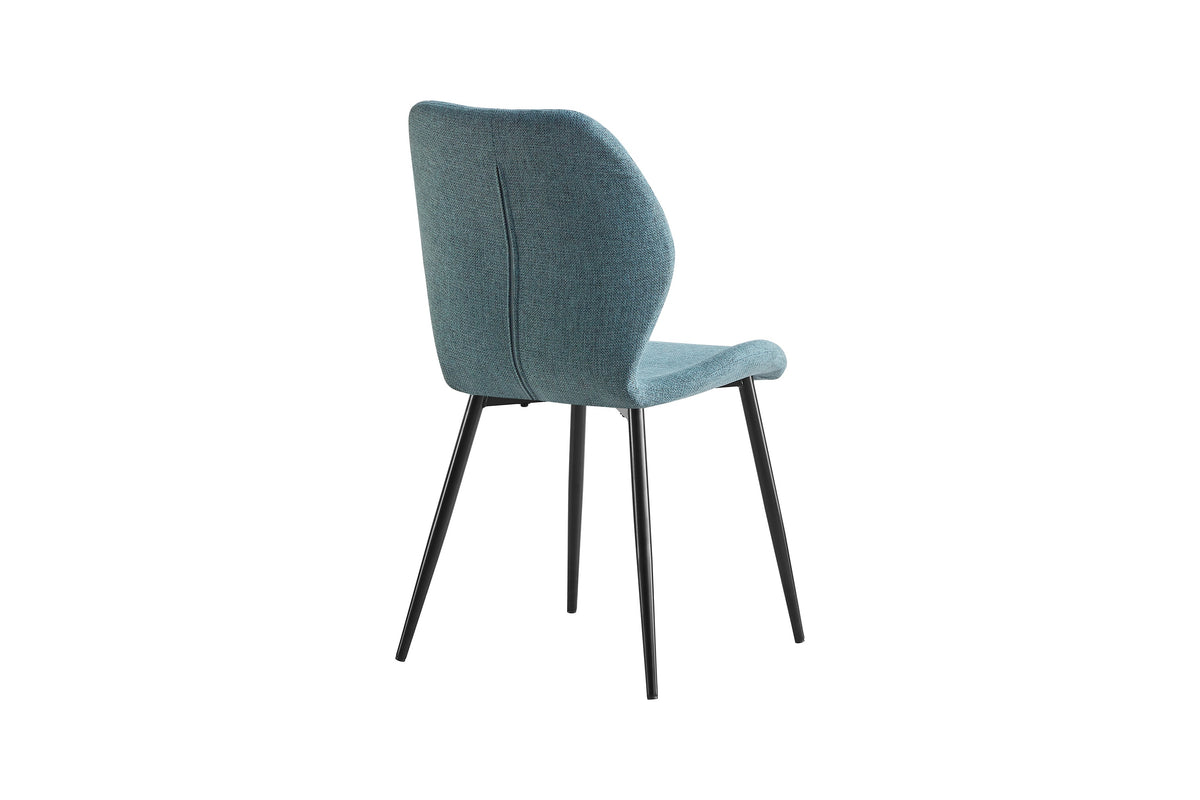 Dining chair in teal, rear view showing plain upholstered back, central seam and splayed steel legs, DC-3071