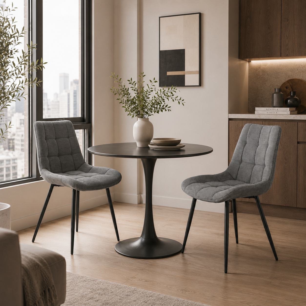 Charcoal grey structured woven dining chairs around black round table in city apartment dining room, DC-3218