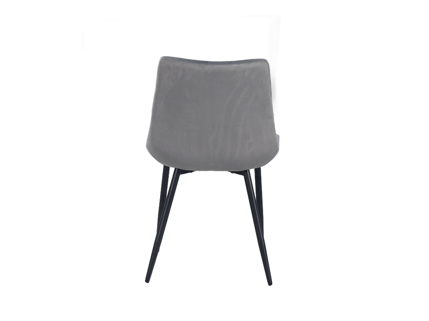 Rear view of structured woven dining chair showing sand-grain powder-coated tapered steel frame and upholstered backrest, DC-3218
