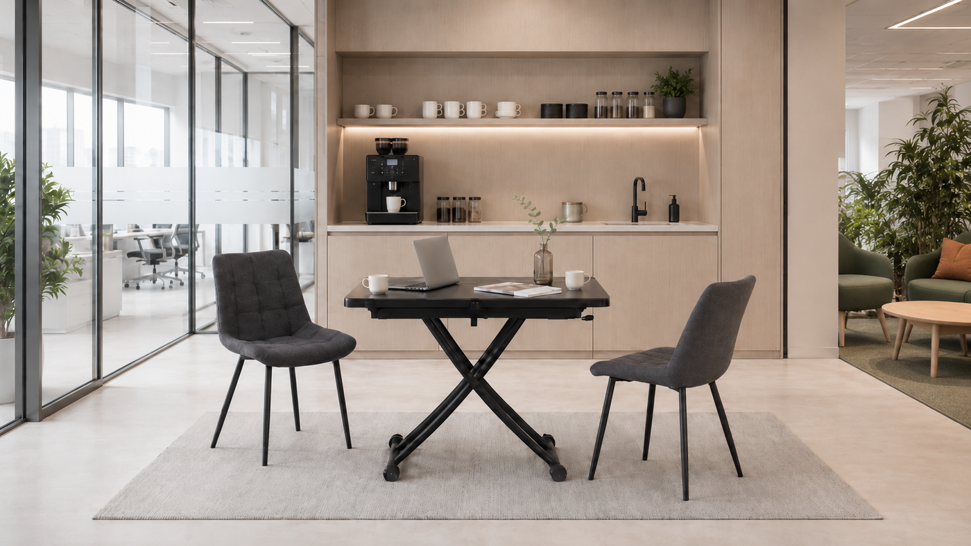 Charcoal grey structured woven high-back dining chairs around collaboration table in open-plan office breakout area with glazed partitions, DC-3218