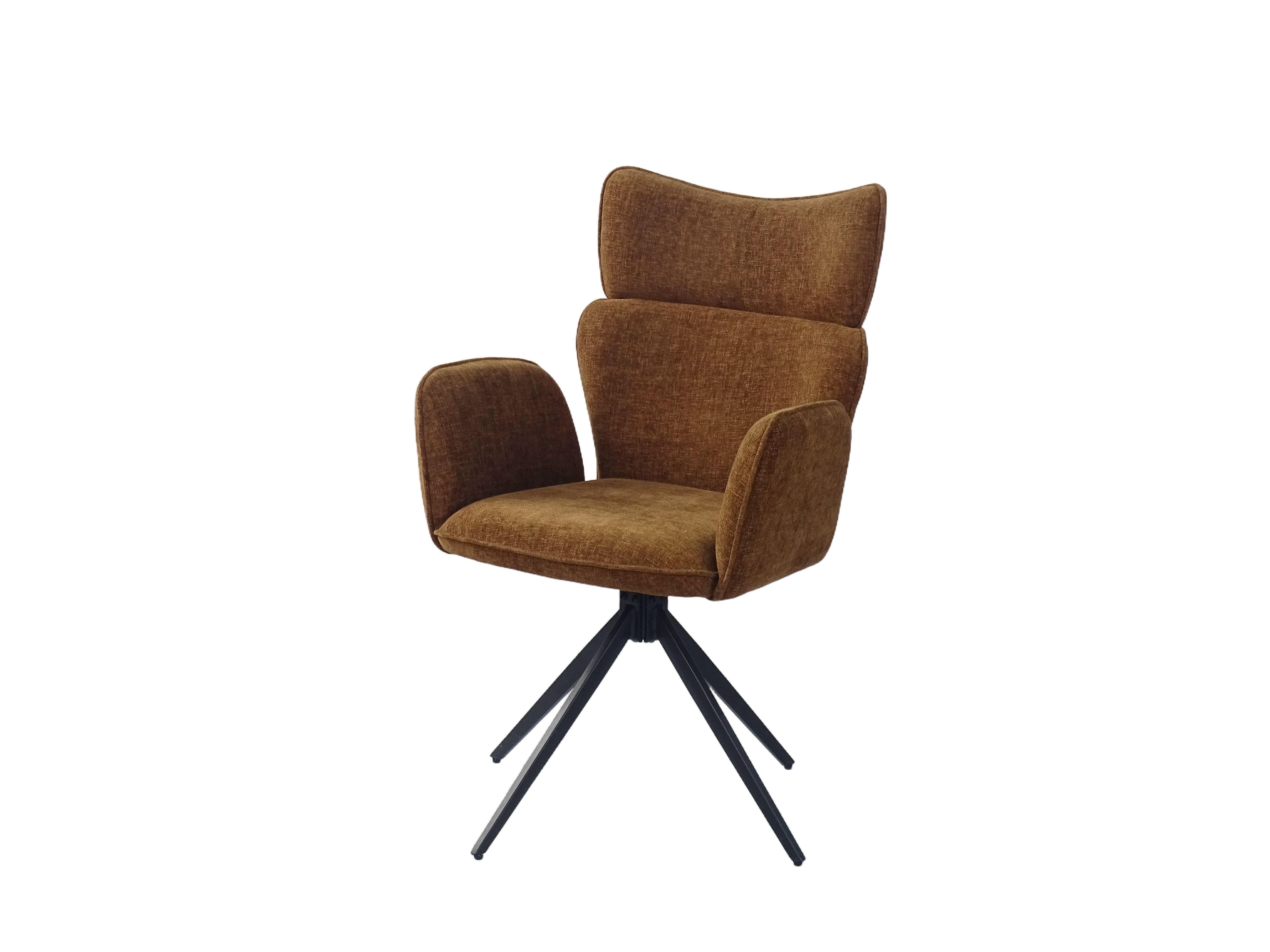 Brown swivel armchair dining chair with upholstered wings and black metal base