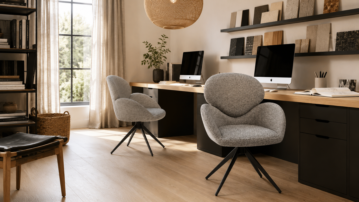 Charcoal  grey oval-back swivel armchairs at dark oak home office desk with natural light and warm timber flooring — DC-5029
