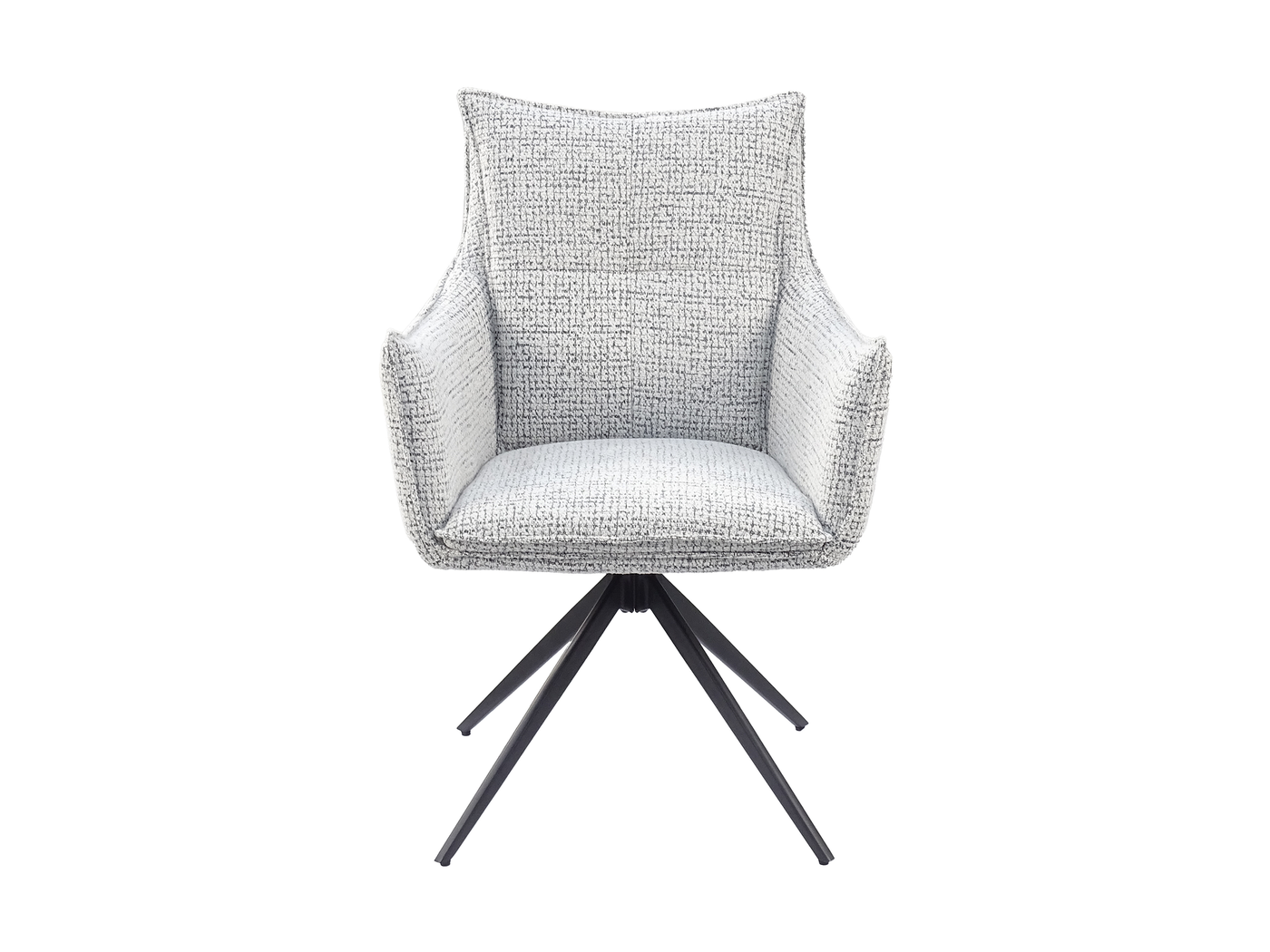 High-back wraparound swivel armchair, front view, four-panel cushioned backrest with vertical seam division, Warm Grey Melange bouclé, matt black steel base, DC-5051
