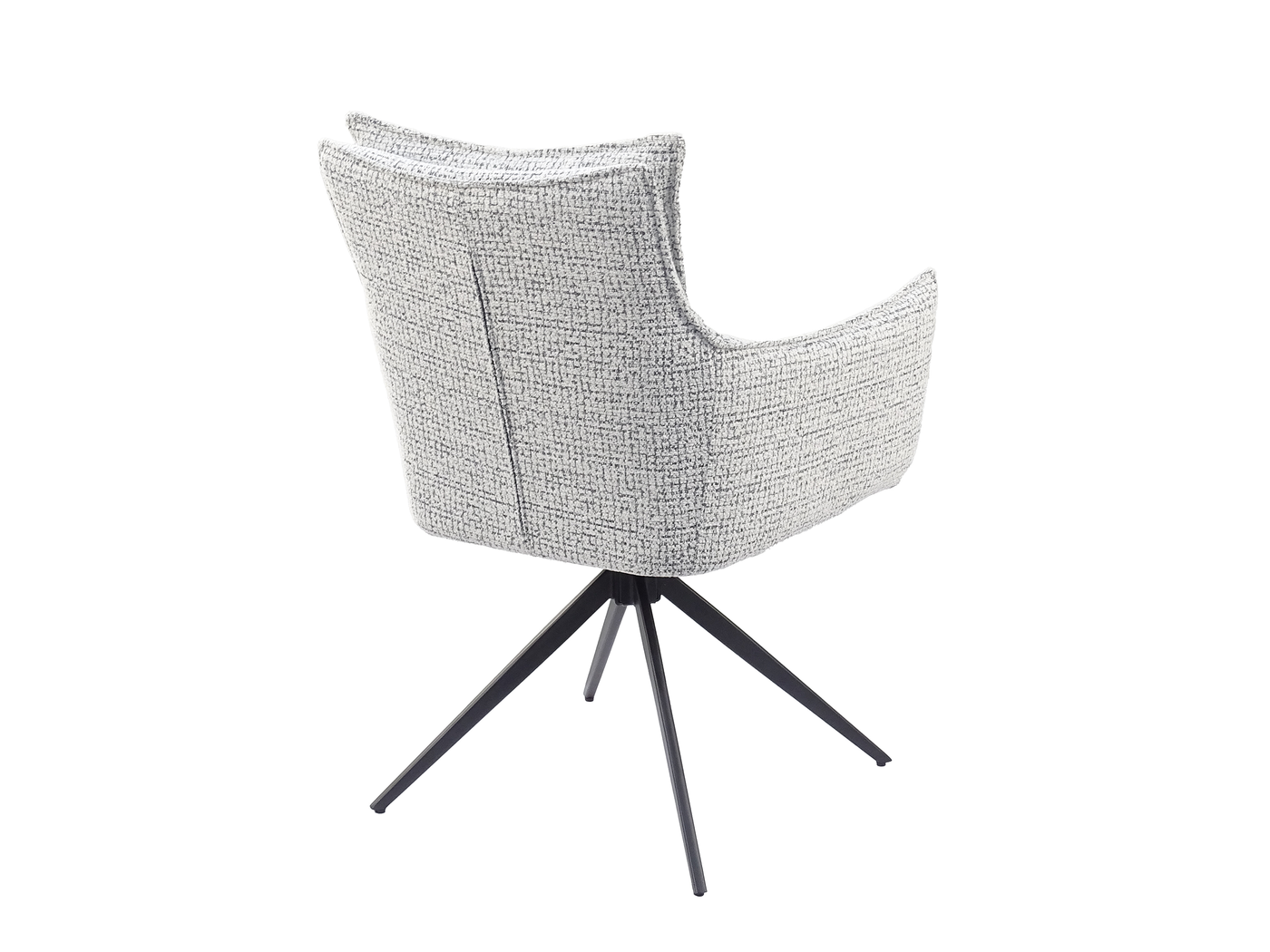 High-back wraparound swivel armchair, rear view, continuous upholstered shell with vertical seam detail, Warm Grey Melange bouclé, matt black four-star base, DC-5051
