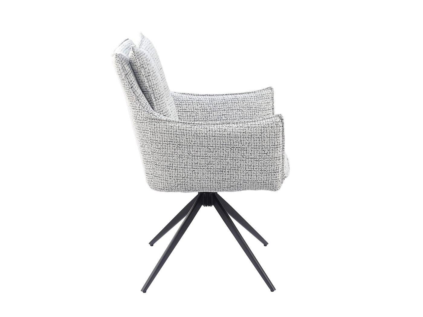 High-back wraparound swivel armchair, side profile, gently curved backrest and descending arm line, Warm Grey Melange decorative bouclé, four-star tapered steel base, DC-5051