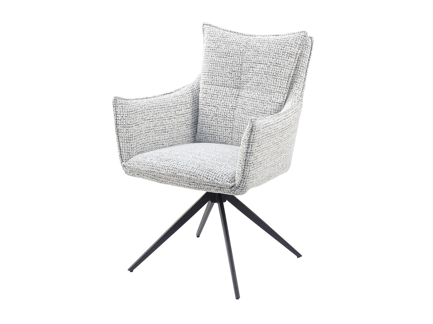 High-back wraparound swivel armchair, three-quarter view, four-panel cushioned backrest and armrest shell detail, Warm Grey Melange decorative bouclé, DC-5051