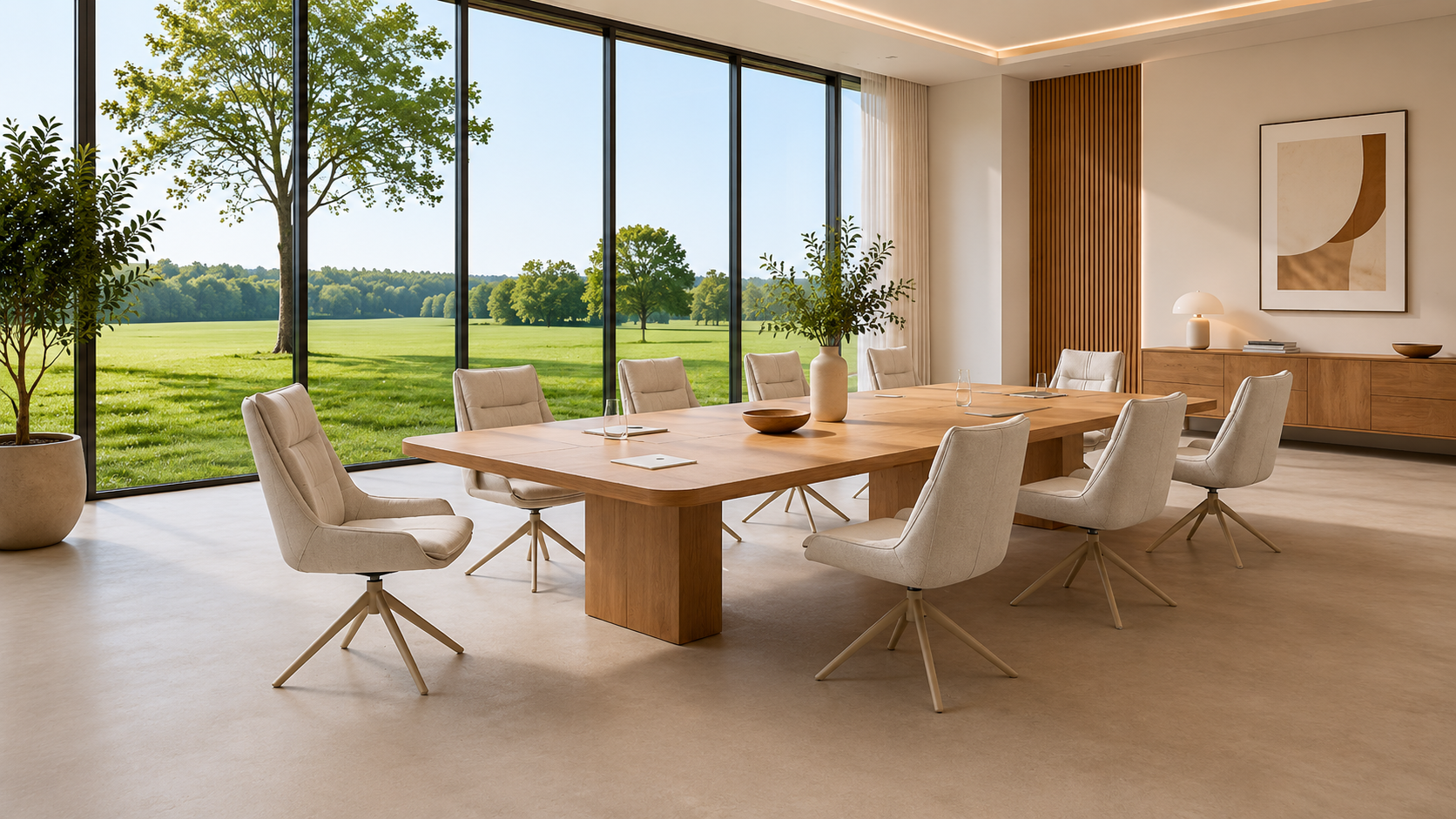 Meeting Chairs around a modern boardroom table with floor-to-ceiling windows and natural green views