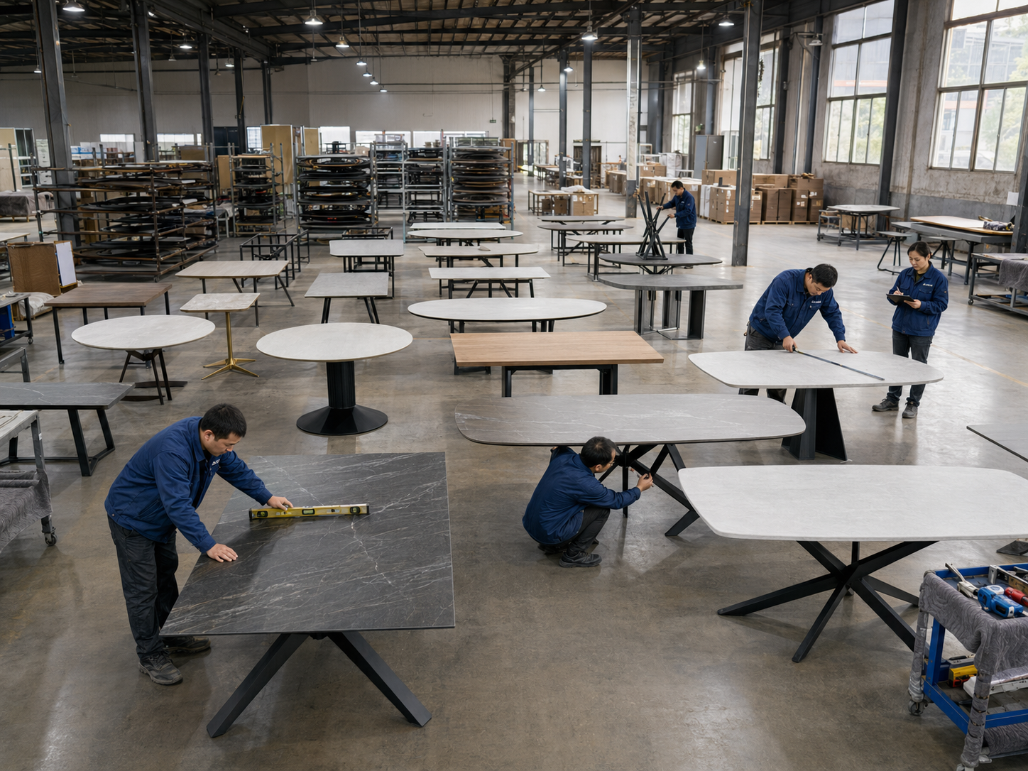 Assembled dining and coffee tables arranged for batch inspection in a GEYA production workshop