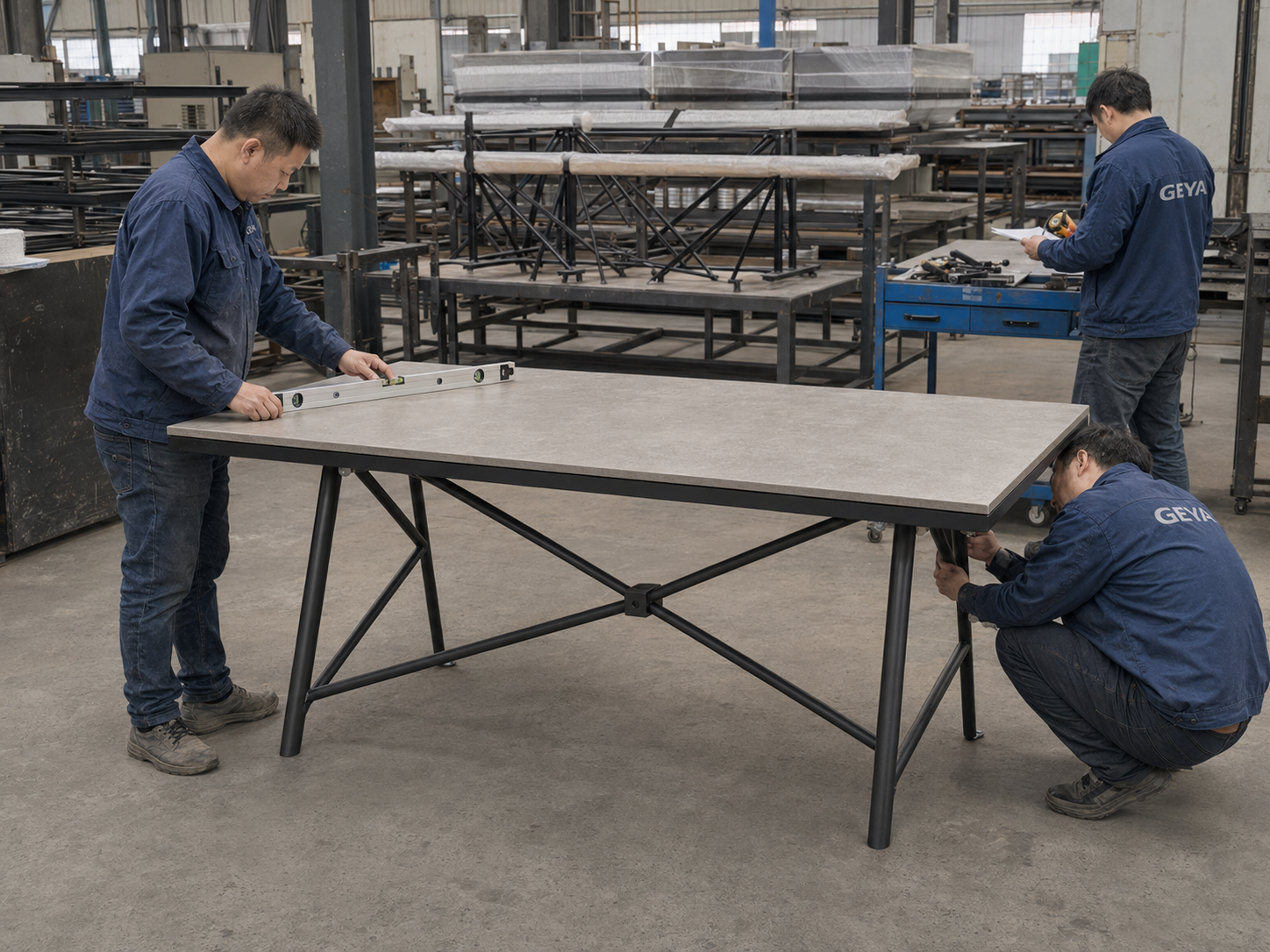 Trial-assembled dining table undergoing alignment stability and structural inspection at GEYA