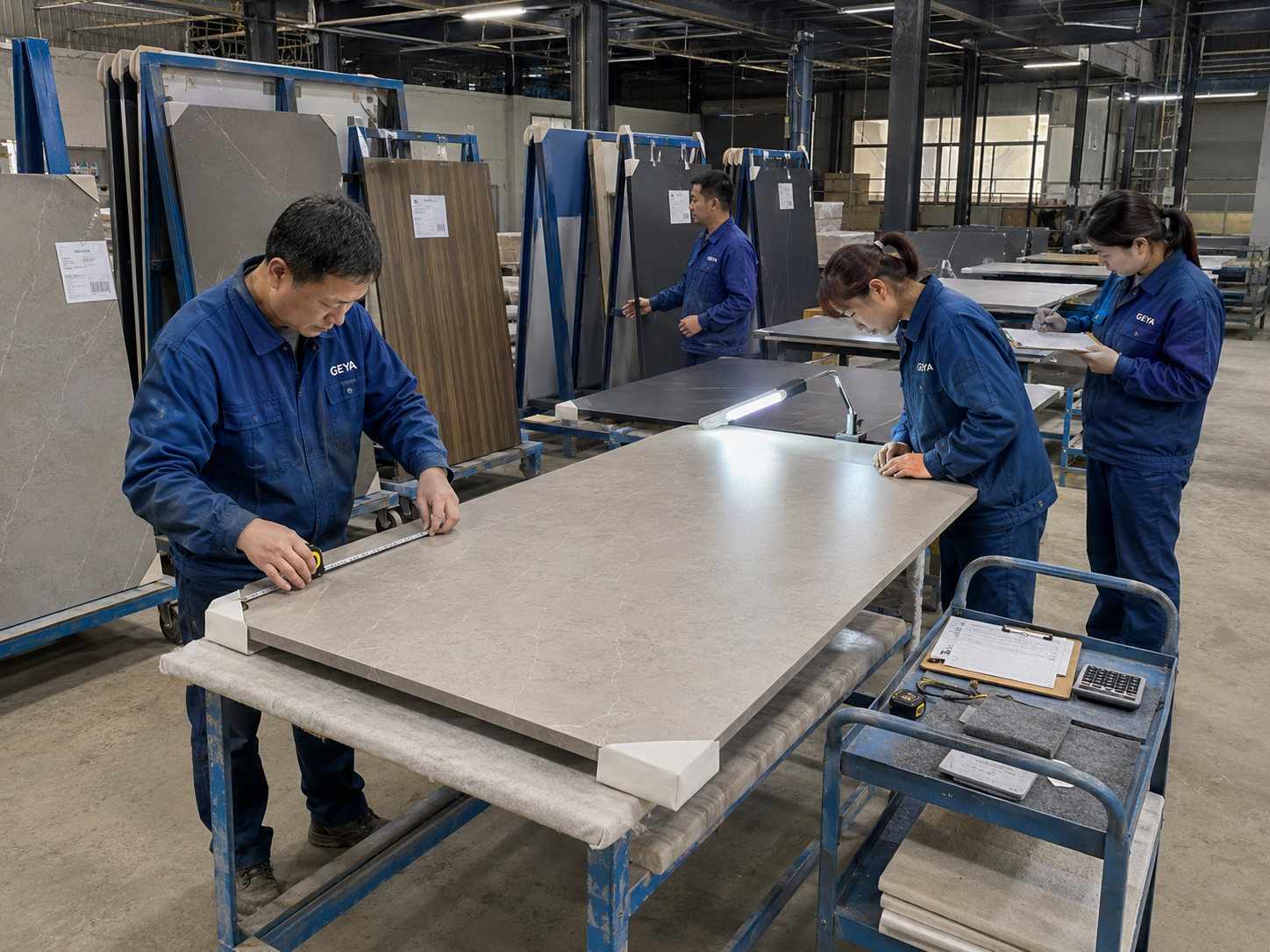 Tabletop surface edge and dimensional inspection before metal base assembly at GEYA