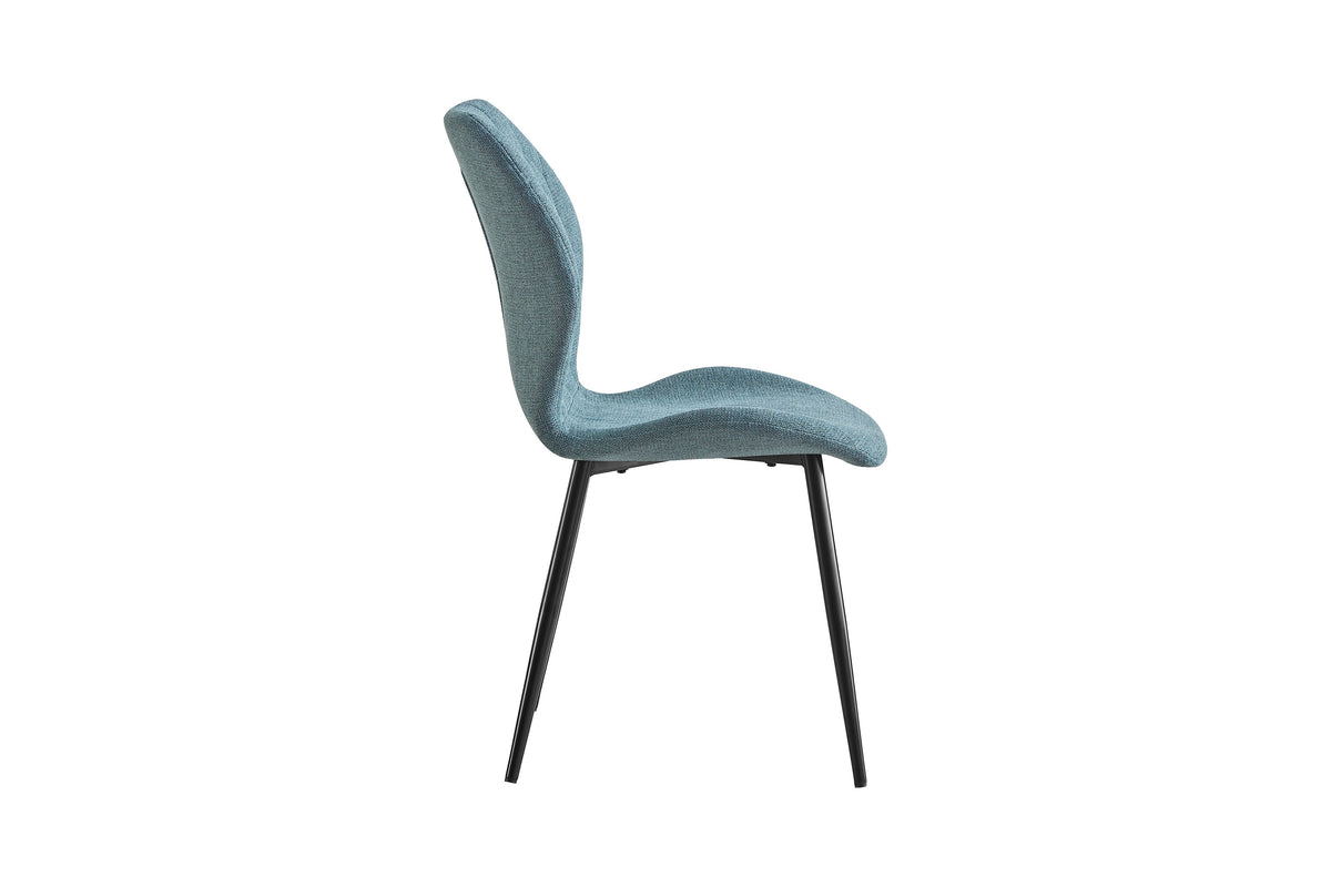 Dining chair in teal, side profile showing curved backrest and tapered steel legs, DC-3071