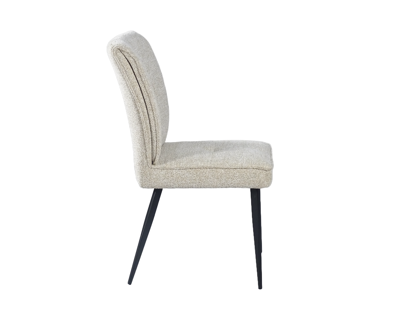 Side profile of curved-back dining chair showing 490 mm seat height and slim tapered black steel legs — DC-3219