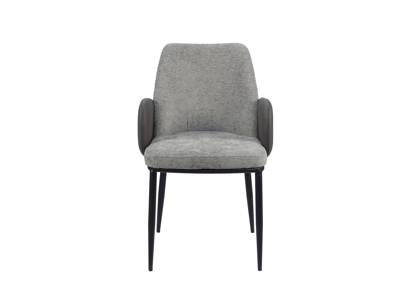 Wrap-shell dining armchair slate textured fabric with PU armshell and tapered black steel legs, contract dining interior, DC-3117