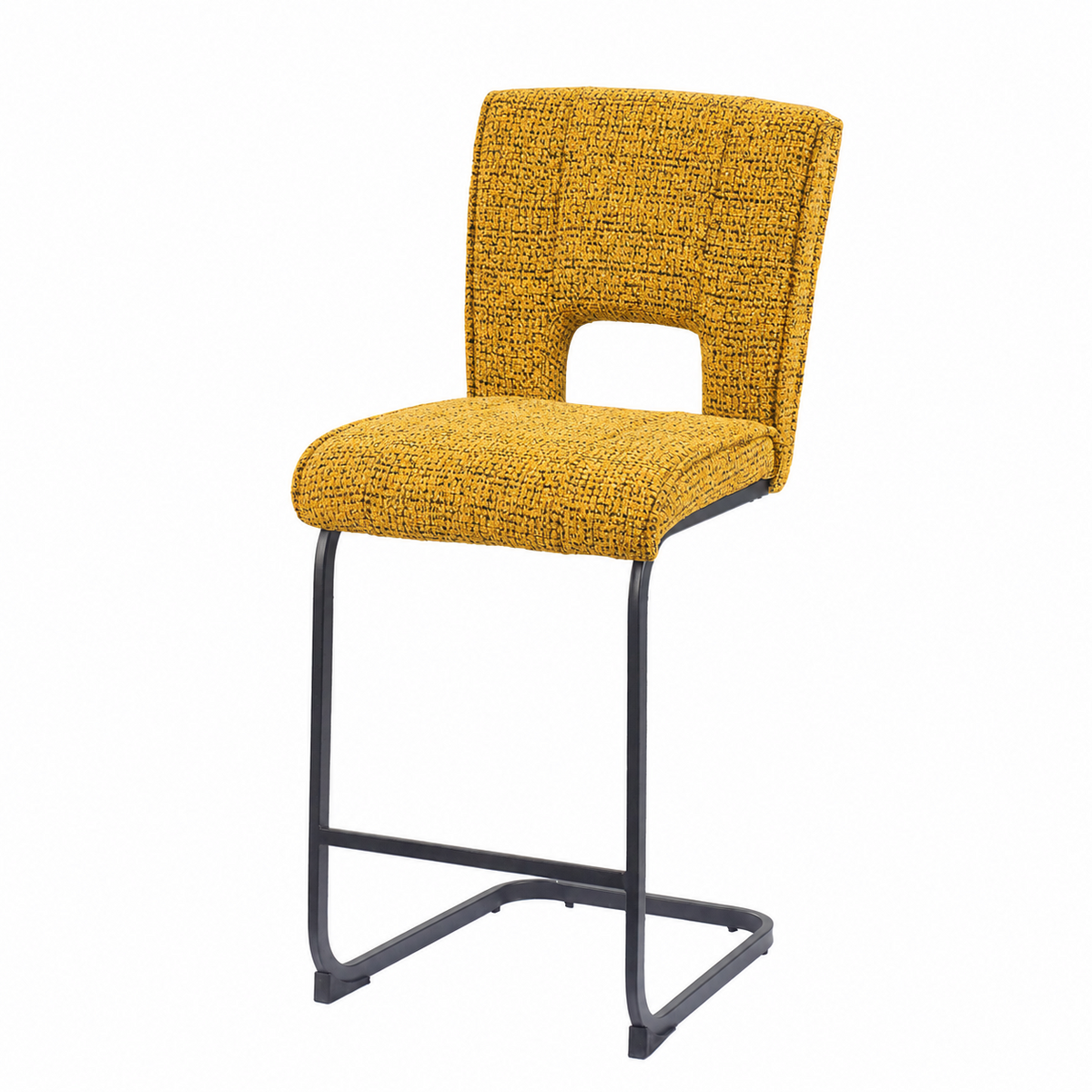 Textured woven bar stool in mustard upholstery with padded seat and cantilever steel frame for cafe counters, BC-93-750