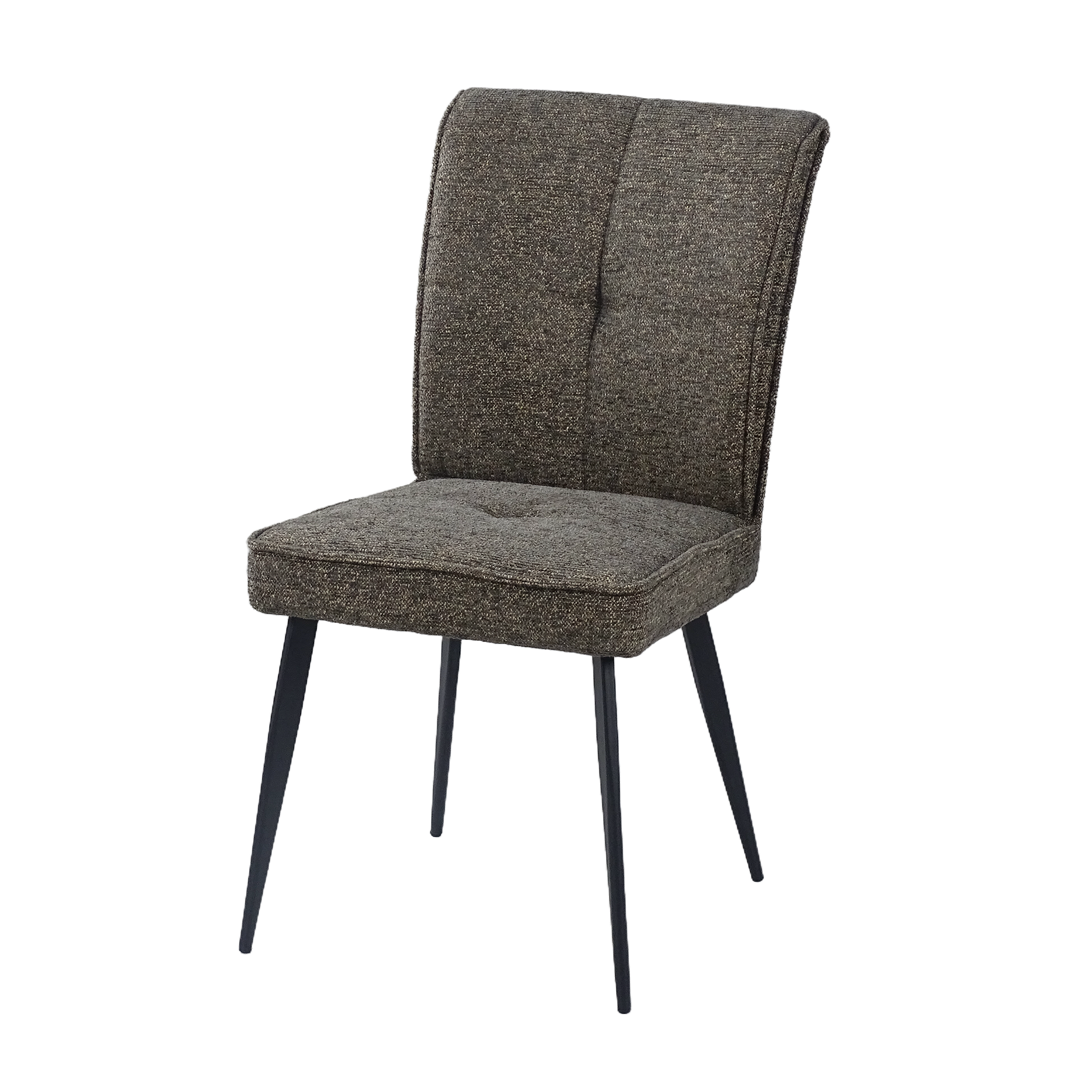 Curved-back dining chair in warm taupe textured woven fabric with tapered black steel legs — DC-3219