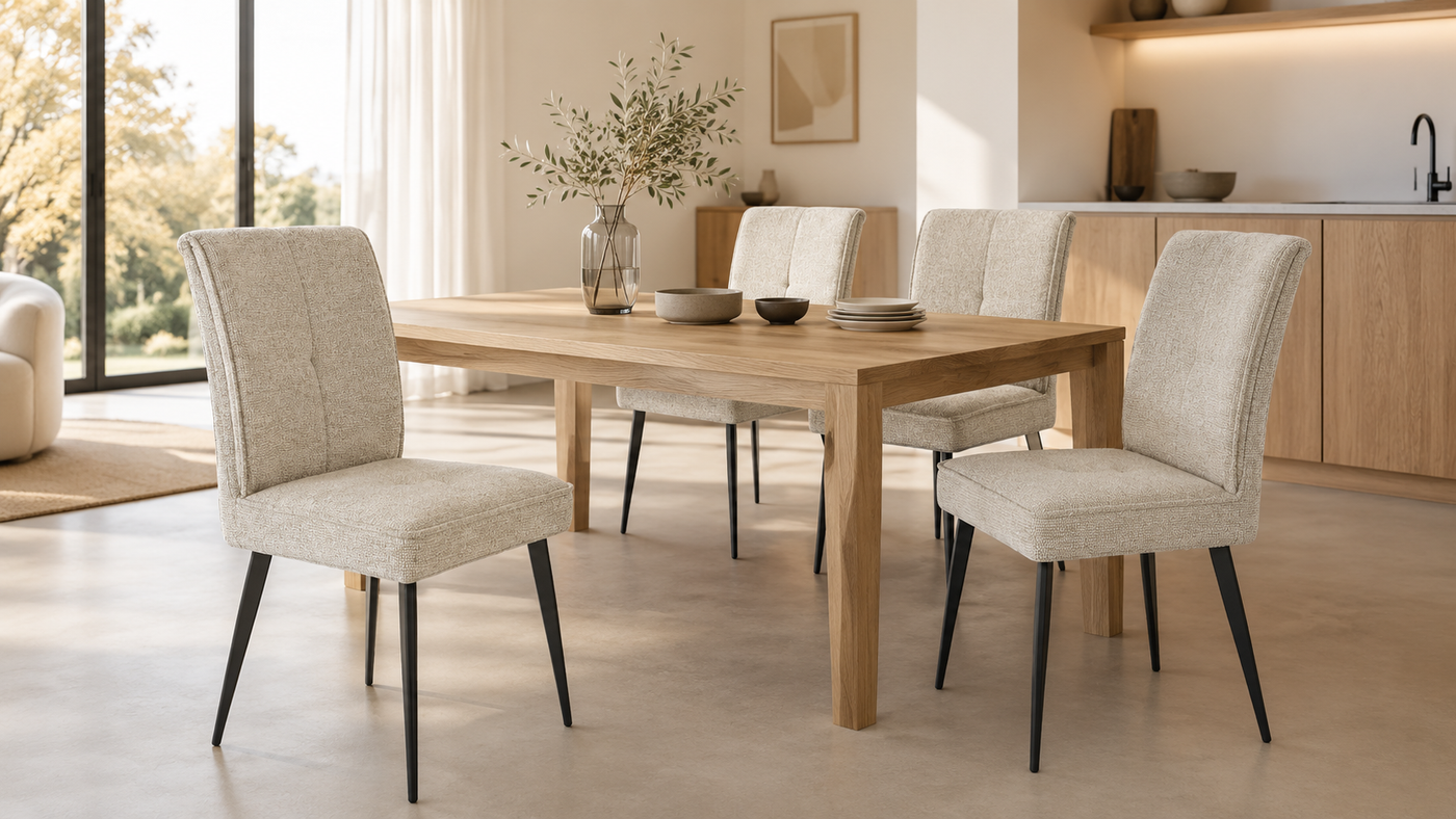  Curved-back dining chairs in oatmeal textured woven fabric around an oak dining table in an open-plan residential kitchen — DC-3219

