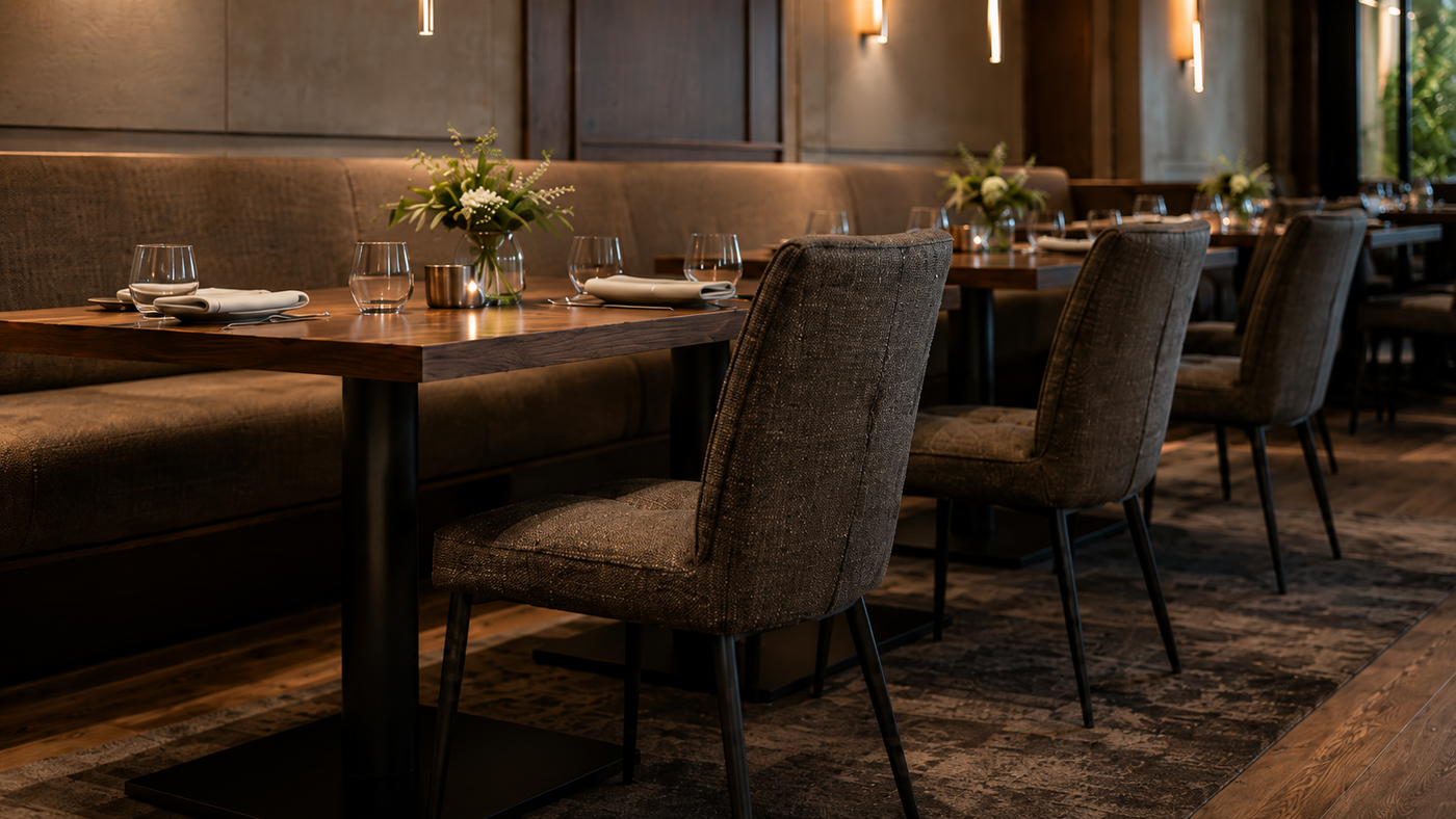 Curved-back dining chairs in warm charcoal grey textured woven fabric alongside upholstered banquette seating in a warmly lit restaurant interior — DC-3219
