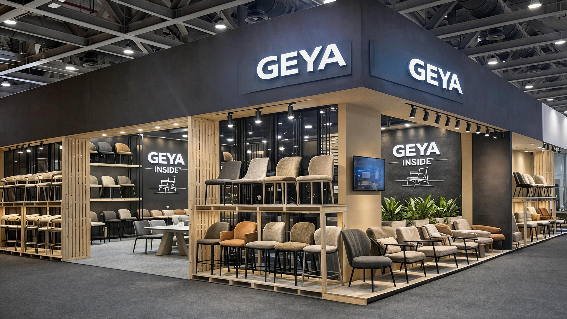 GEYA trade show booth displaying dining chairs, bar stools, lounge chairs, and light office seating collections for global buyers