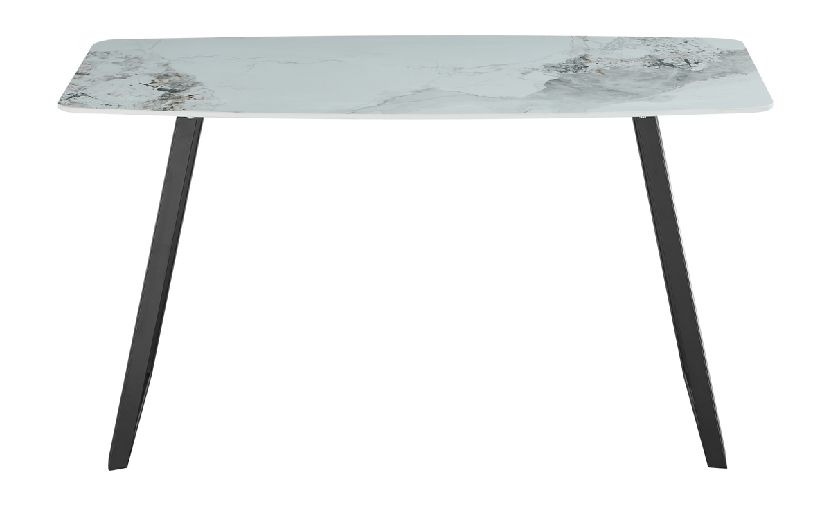 Bow-sided sintered stone dining table with trapezoid steel legs, front profile, GEYA Seating T-122
