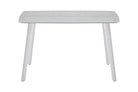 T-138 Sintered Stone Dining Table in Residential Dining Room — Travertine White Top, Sand-White Splayed Steel Legs, Styled with Upholstered Dining Chairs — GEYA Seating
