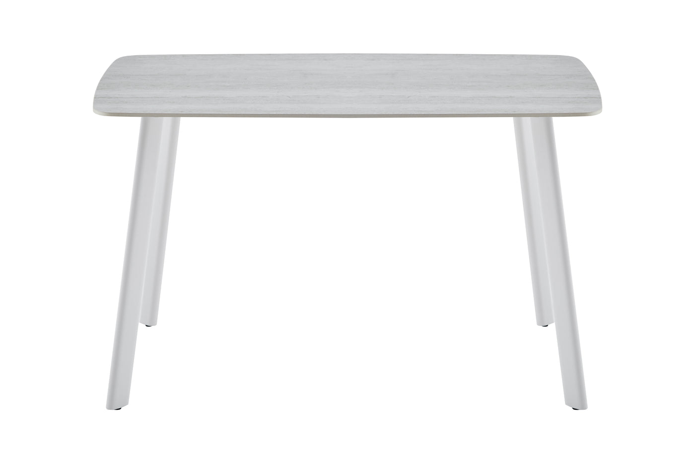 T-138 Sintered Stone Dining Table in Residential Dining Room — Travertine White Top, Sand-White Splayed Steel Legs, Styled with Upholstered Dining Chairs — GEYA Seating