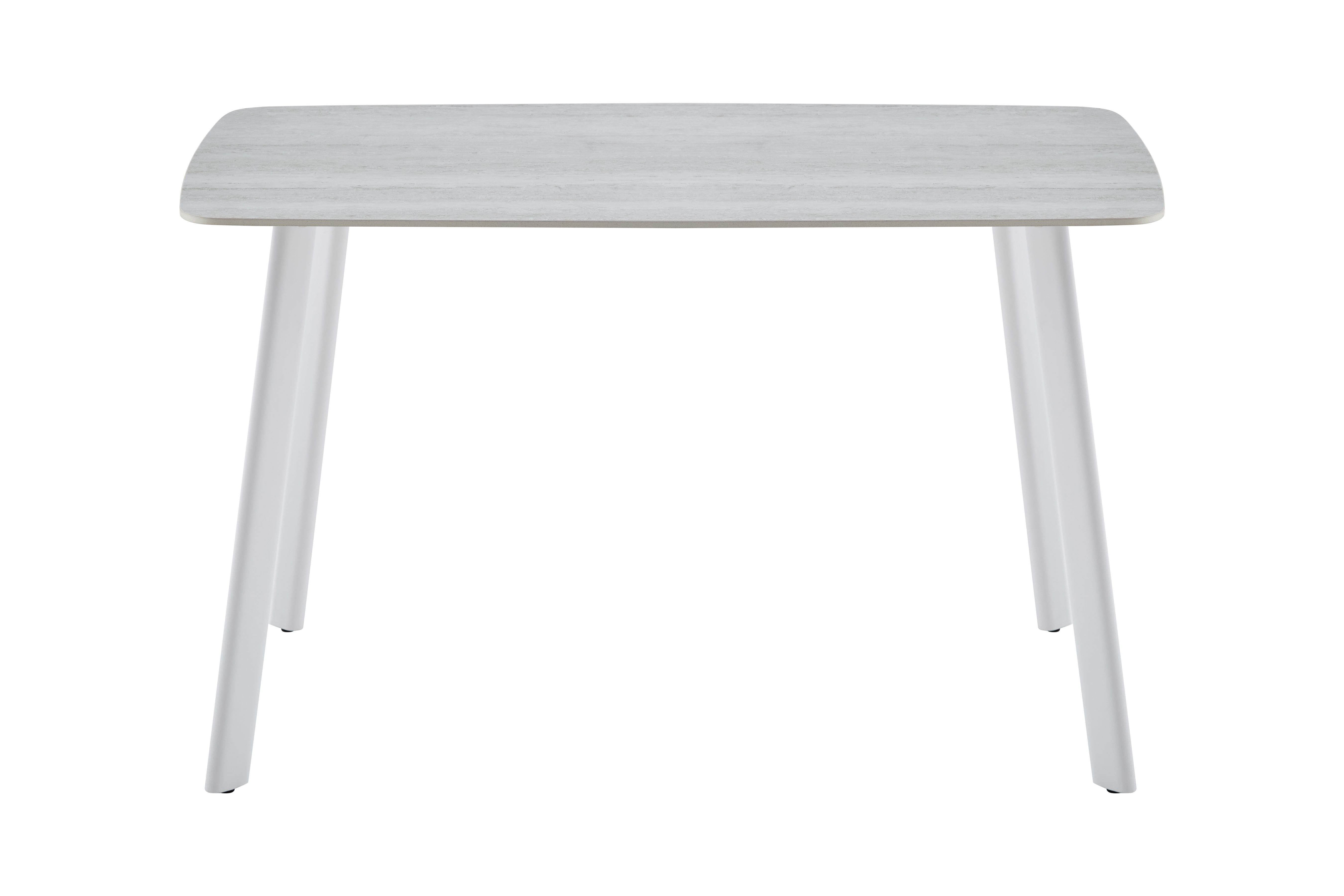 T-138 Sintered Stone Dining Table in Residential Dining Room — Travertine White Top, Sand-White Splayed Steel Legs, Styled with Upholstered Dining Chairs — GEYA Seating
