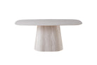 T-131 Tapered Pedestal Dining Table Perspective View — 11mm Travertine White Sintered Stone Top, Natural Travertine-Effect MDF Pedestal — GEYA Seating
