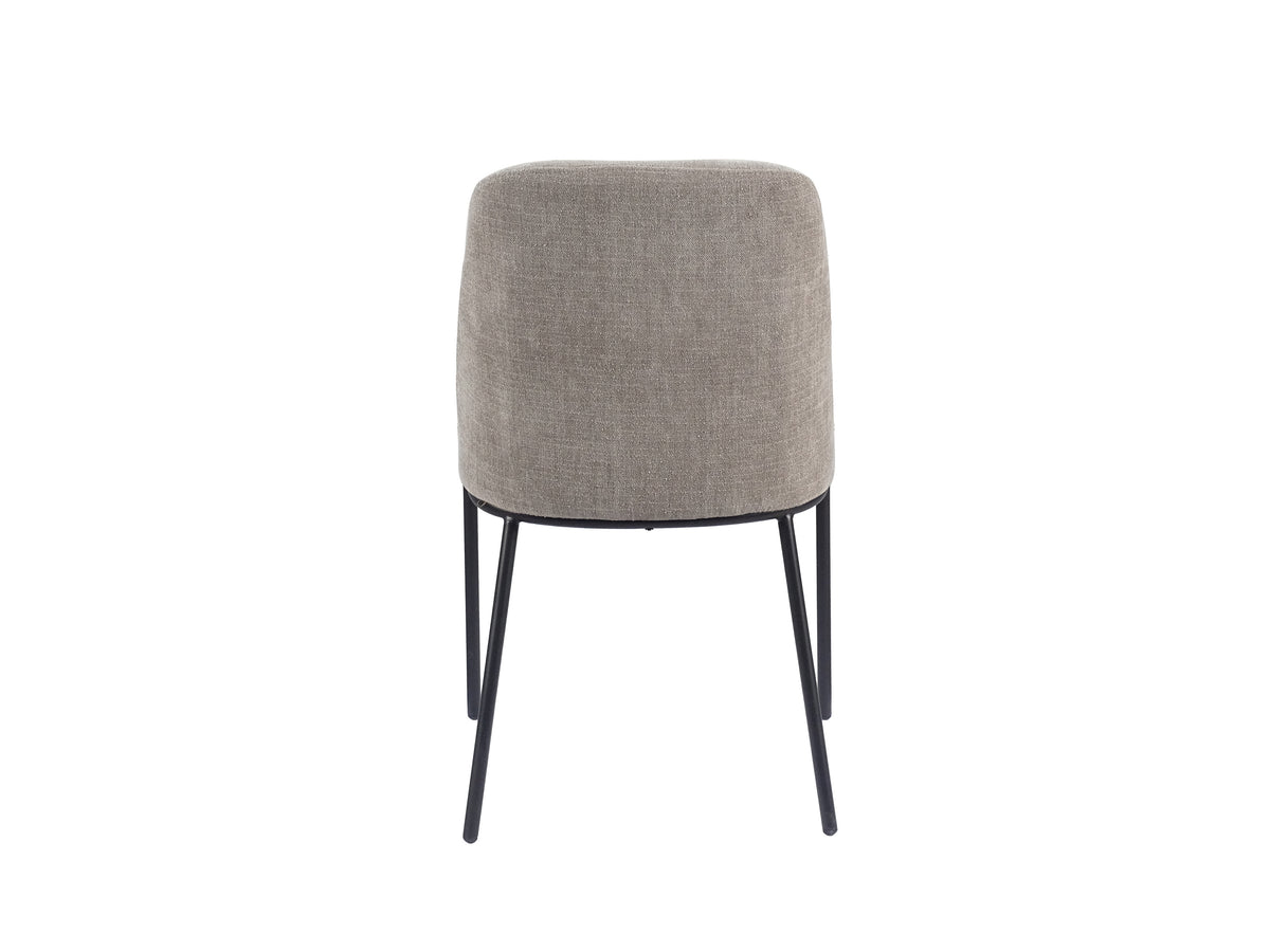 Rear view of greige upholstered dining chair highlighting black steel underframe DC-3070