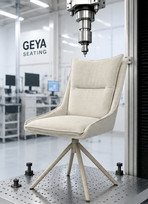 GEYA engineering validation capability with representative chair testing and referenced furniture standards