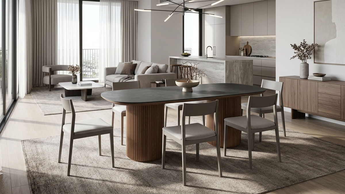 Twin-pedestal sintered stone table with swivel armchairs in an executive hospitality suite, T-136