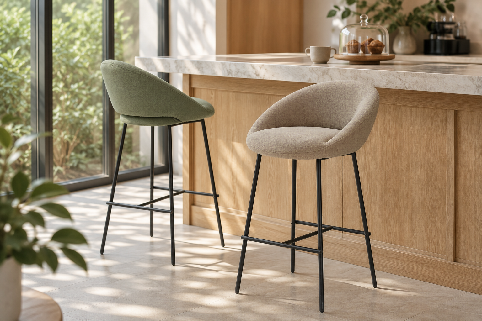Dune beige and sage green curved-shell bar stools at a boutique café counter with structured woven upholstery and matte black H-bar footrest frames.