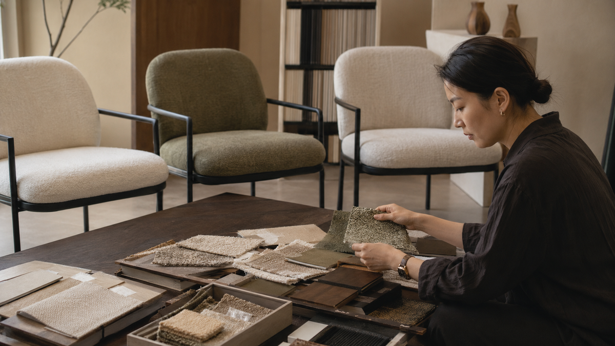 Chinese furniture buyer reviewing upholstery and finish samples for a private-label accent chair collection