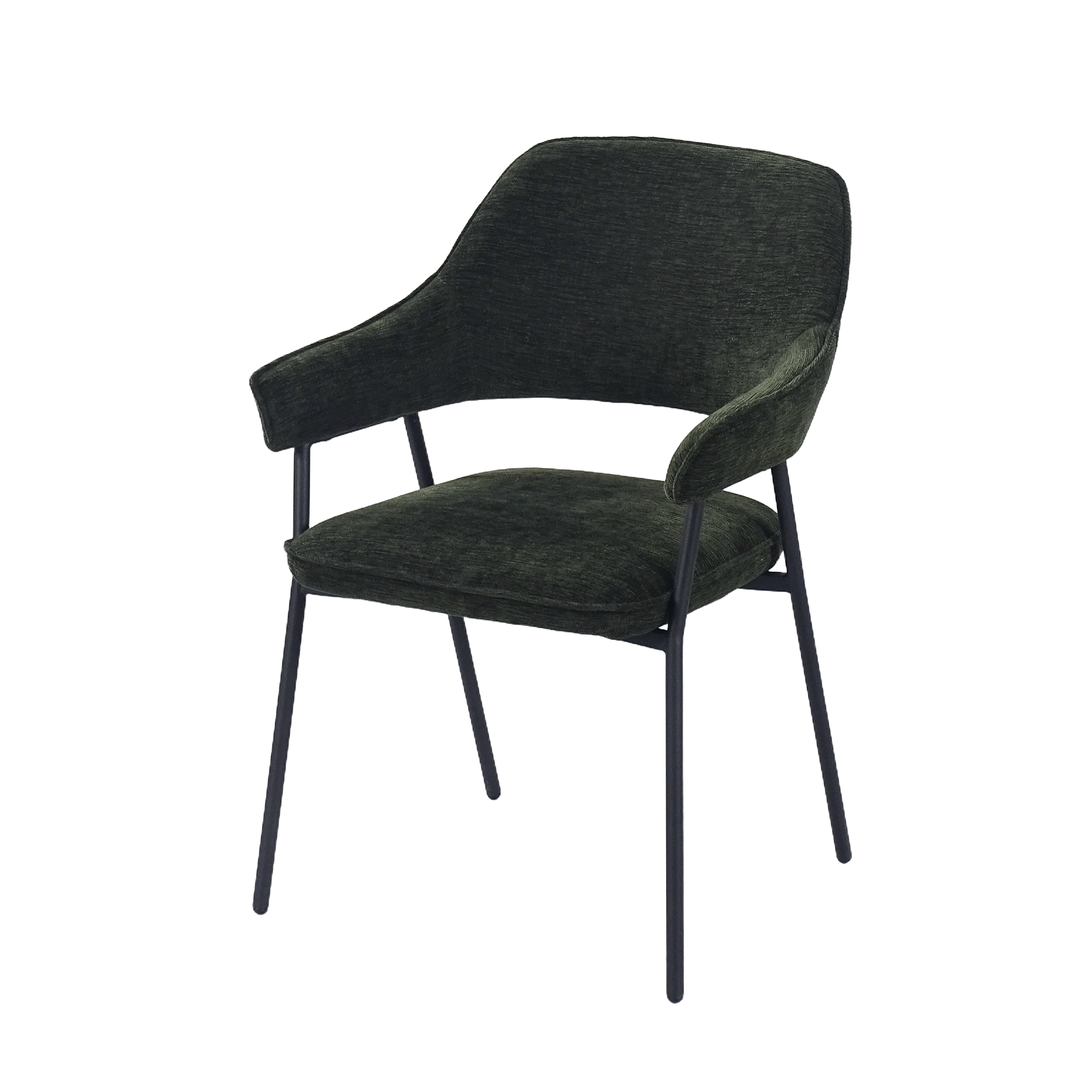 Upholstered dining armchair in bottle green textured fabric with slim splayed black steel legs — DC-3198